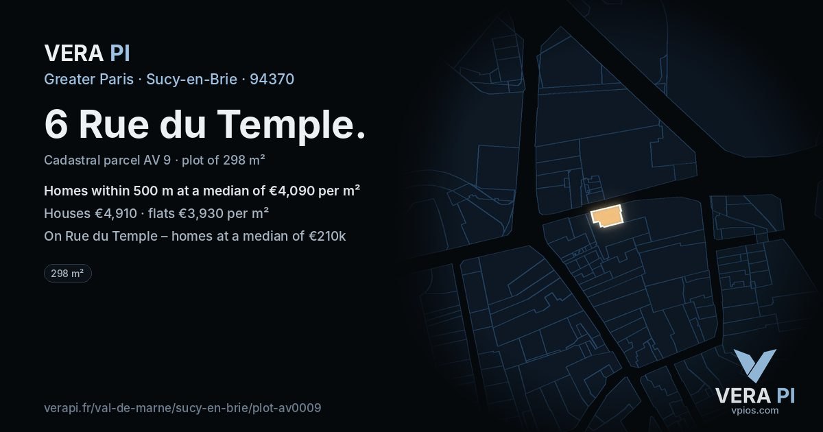 6 Rue du Temple, Sucy-en-Brie at night – the plot lit, the parcels around coloured by the prices near them