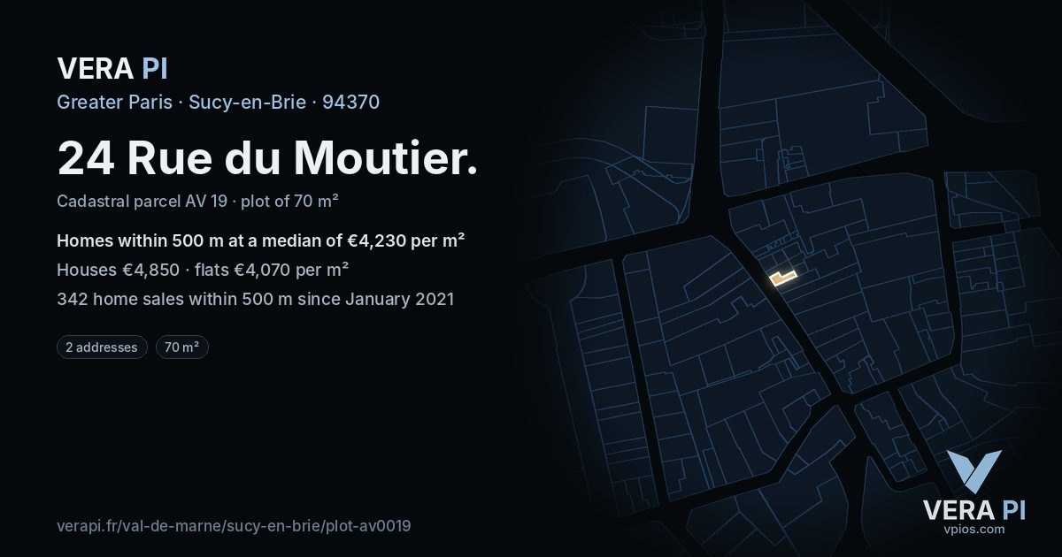 24 Rue du Moutier, Sucy-en-Brie at night – the plot lit, the parcels around coloured by the prices near them