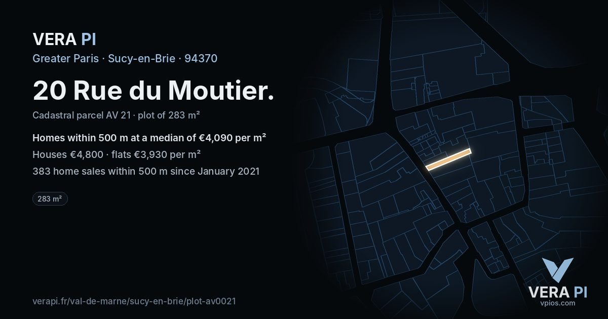 20 Rue du Moutier, Sucy-en-Brie at night – the plot lit, the parcels around coloured by the prices near them