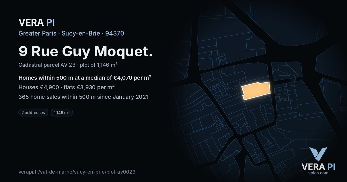 9 Rue Guy Moquet, Sucy-en-Brie at night – the plot lit, the parcels around coloured by the prices near them