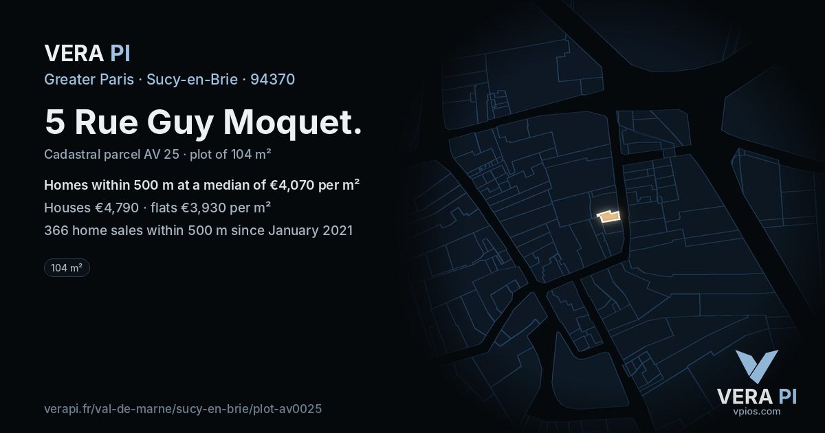 5 Rue Guy Moquet, Sucy-en-Brie at night – the plot lit, the parcels around coloured by the prices near them