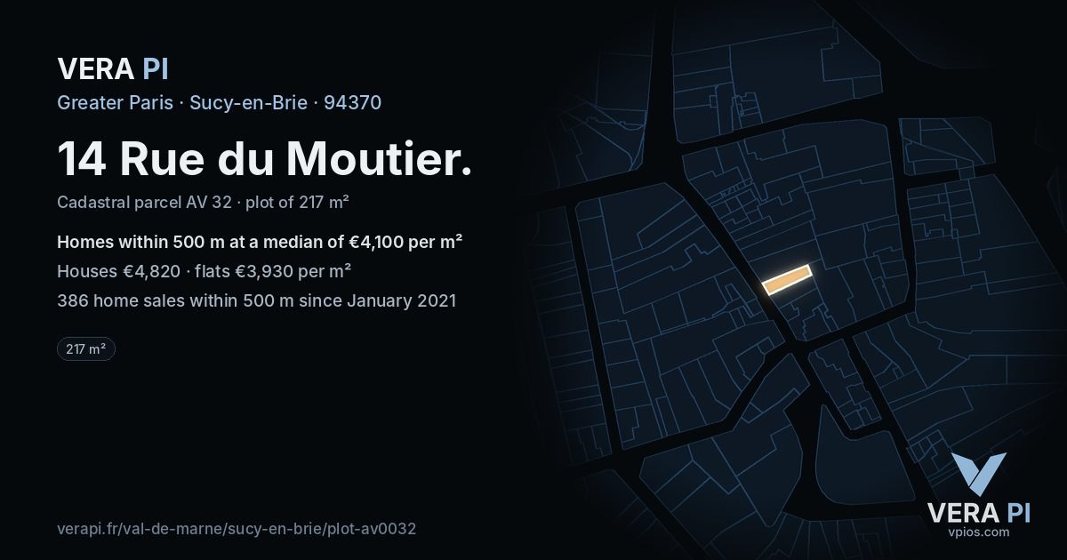 14 Rue du Moutier, Sucy-en-Brie at night – the plot lit, the parcels around coloured by the prices near them