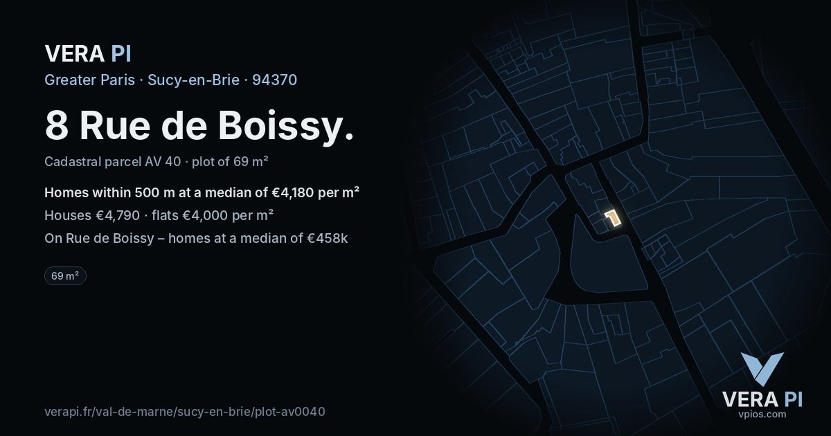 8 Rue de Boissy, Sucy-en-Brie at night – the plot lit, the parcels around coloured by the prices near them