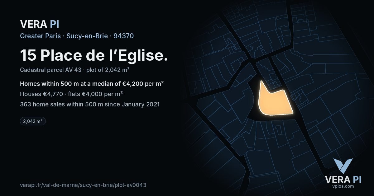 15 Place de l’Eglise, Sucy-en-Brie at night – the plot lit, the parcels around coloured by the prices near them