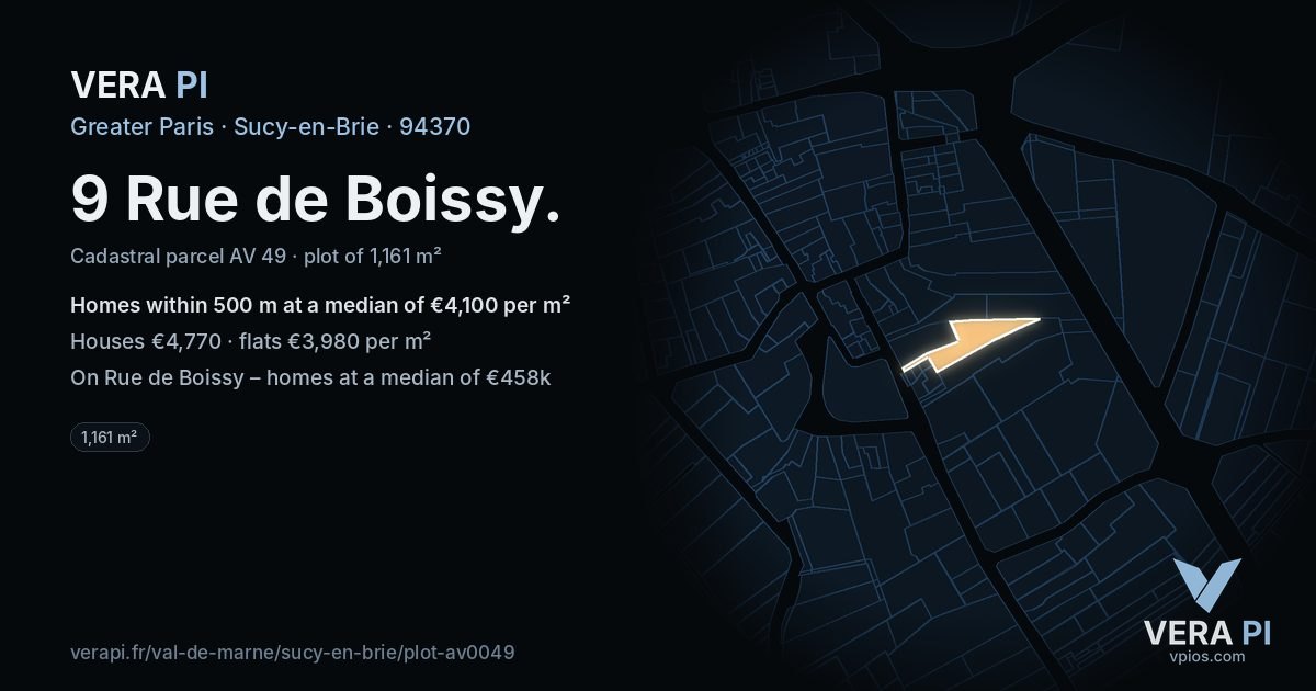 9 Rue de Boissy, Sucy-en-Brie at night – the plot lit, the parcels around coloured by the prices near them