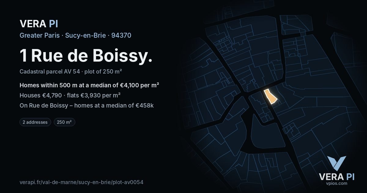 1 Rue de Boissy, Sucy-en-Brie at night – the plot lit, the parcels around coloured by the prices near them