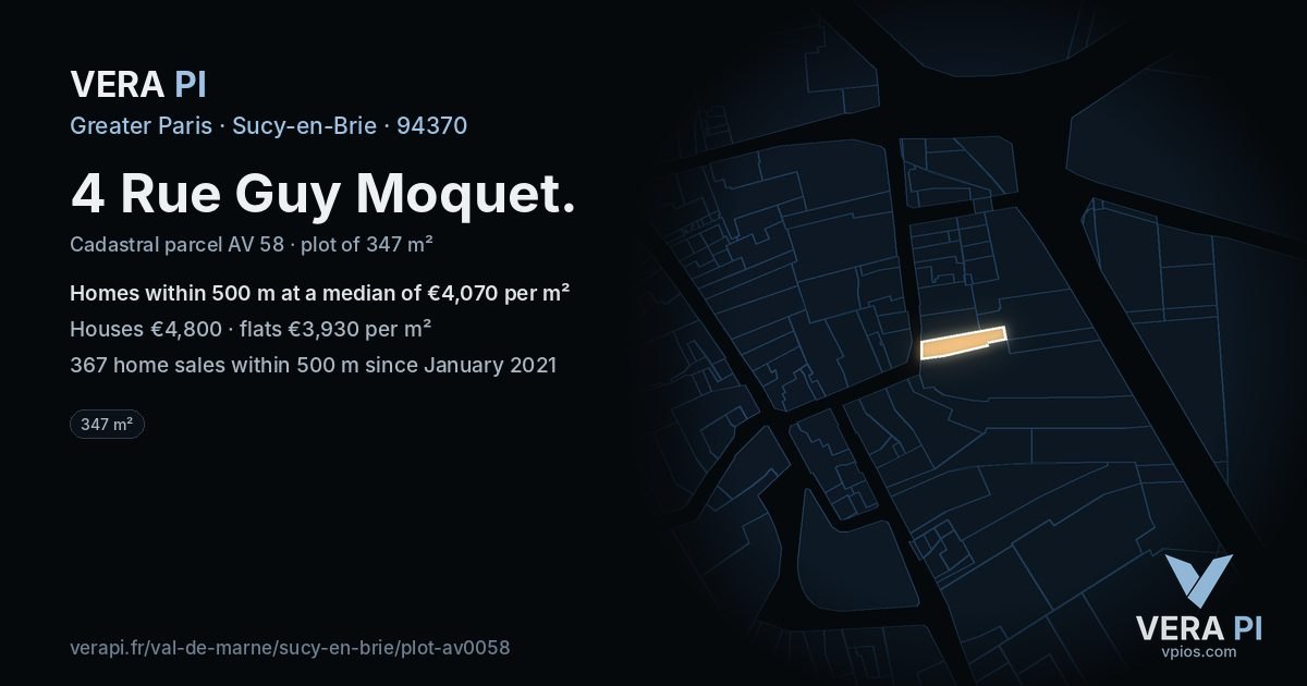 4 Rue Guy Moquet, Sucy-en-Brie at night – the plot lit, the parcels around coloured by the prices near them