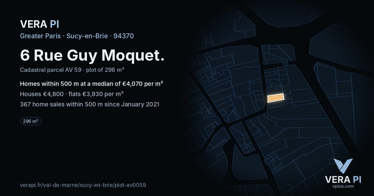 6 Rue Guy Moquet, Sucy-en-Brie at night – the plot lit, the parcels around coloured by the prices near them