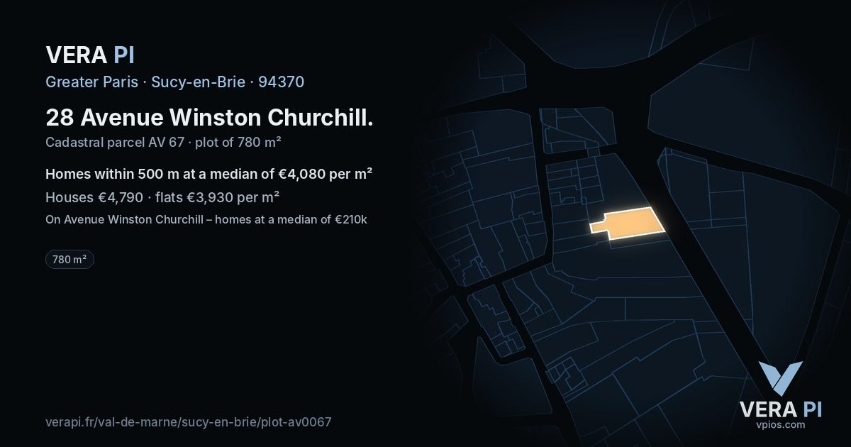 28 Avenue Winston Churchill, Sucy-en-Brie at night – the plot lit, the parcels around coloured by the prices near them