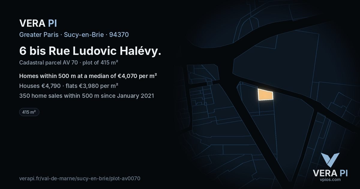 6 bis Rue Ludovic Halévy, Sucy-en-Brie at night – the plot lit, the parcels around coloured by the prices near them