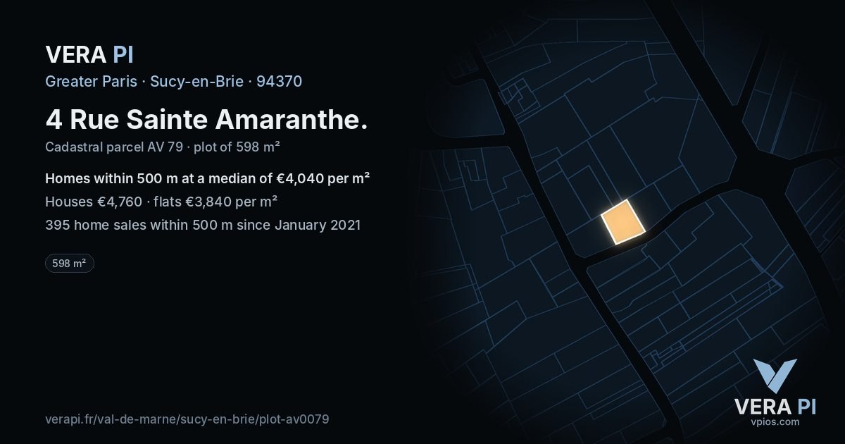 4 Rue Sainte Amaranthe, Sucy-en-Brie at night – the plot lit, the parcels around coloured by the prices near them