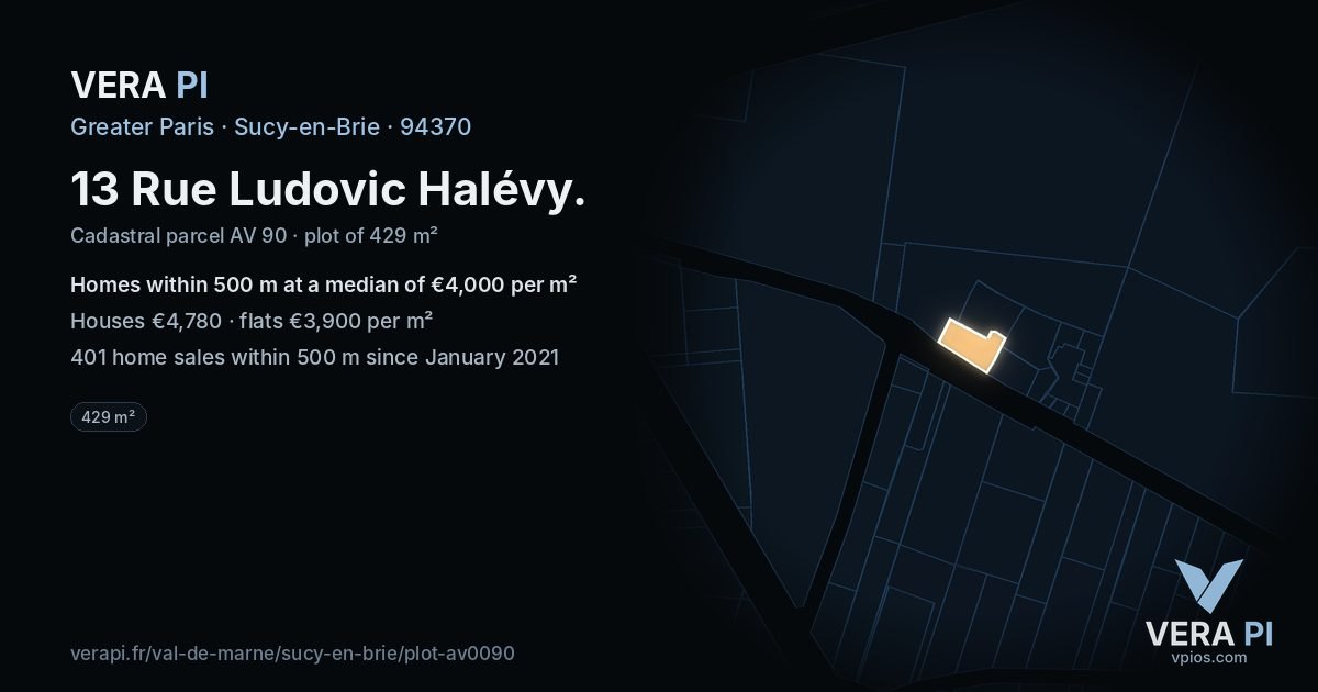 13 Rue Ludovic Halévy, Sucy-en-Brie at night – the plot lit, the parcels around coloured by the prices near them