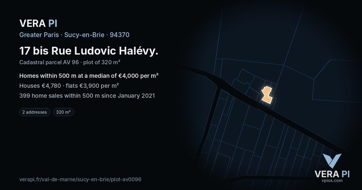 17 bis Rue Ludovic Halévy, Sucy-en-Brie at night – the plot lit, the parcels around coloured by the prices near them
