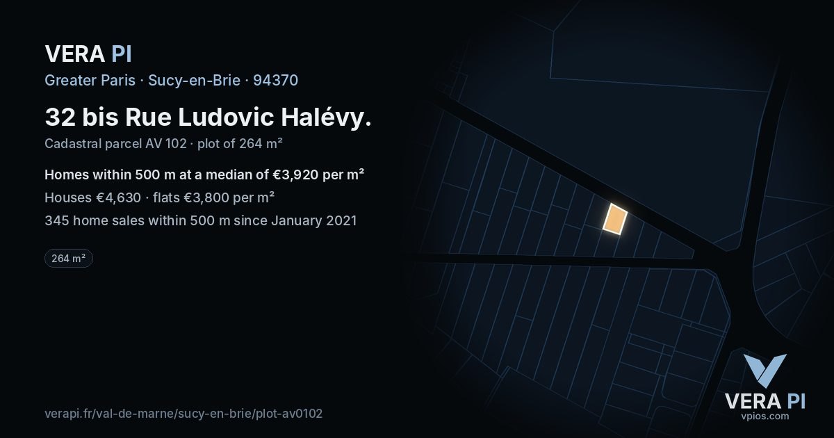 32 bis Rue Ludovic Halévy, Sucy-en-Brie at night – the plot lit, the parcels around coloured by the prices near them