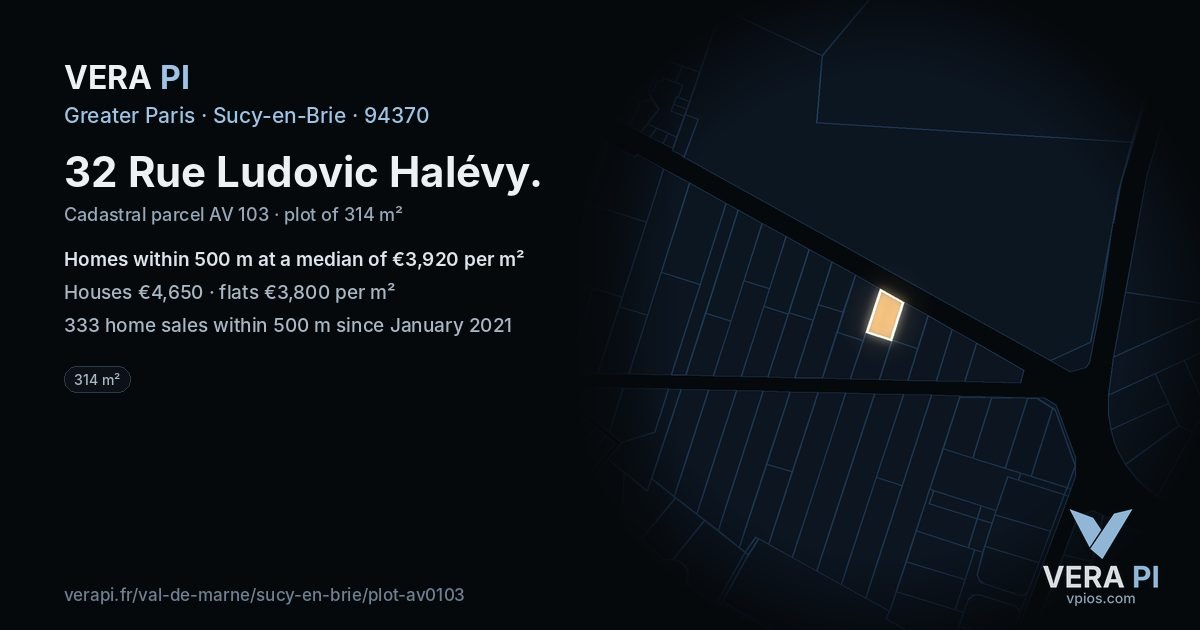 32 Rue Ludovic Halévy, Sucy-en-Brie at night – the plot lit, the parcels around coloured by the prices near them