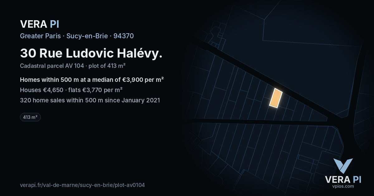 30 Rue Ludovic Halévy, Sucy-en-Brie at night – the plot lit, the parcels around coloured by the prices near them