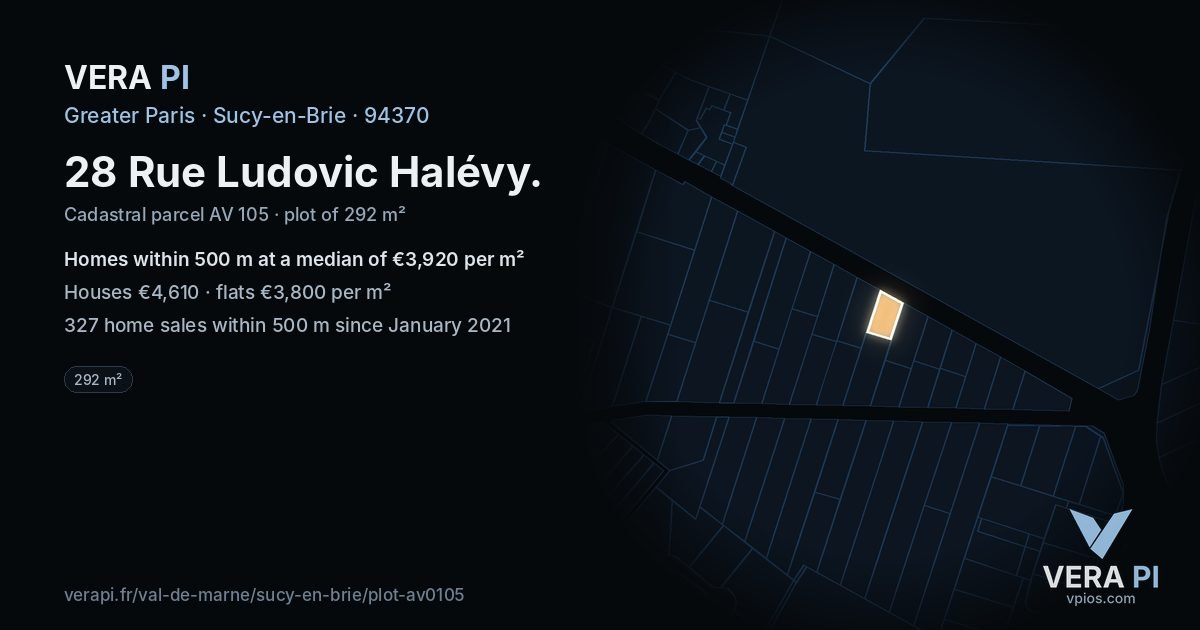 28 Rue Ludovic Halévy, Sucy-en-Brie at night – the plot lit, the parcels around coloured by the prices near them