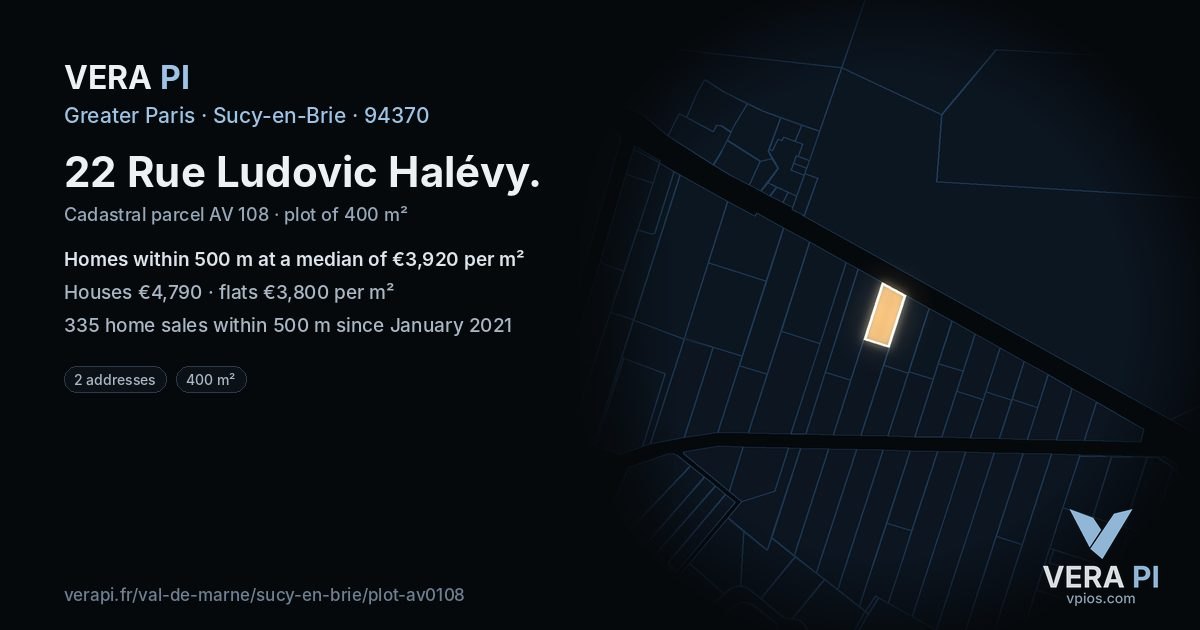 22 Rue Ludovic Halévy, Sucy-en-Brie at night – the plot lit, the parcels around coloured by the prices near them