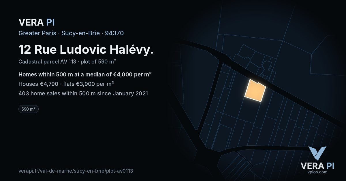 12 Rue Ludovic Halévy, Sucy-en-Brie at night – the plot lit, the parcels around coloured by the prices near them