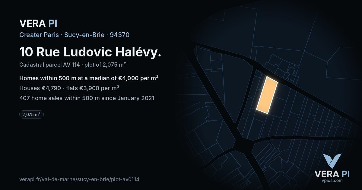 10 Rue Ludovic Halévy, Sucy-en-Brie at night – the plot lit, the parcels around coloured by the prices near them