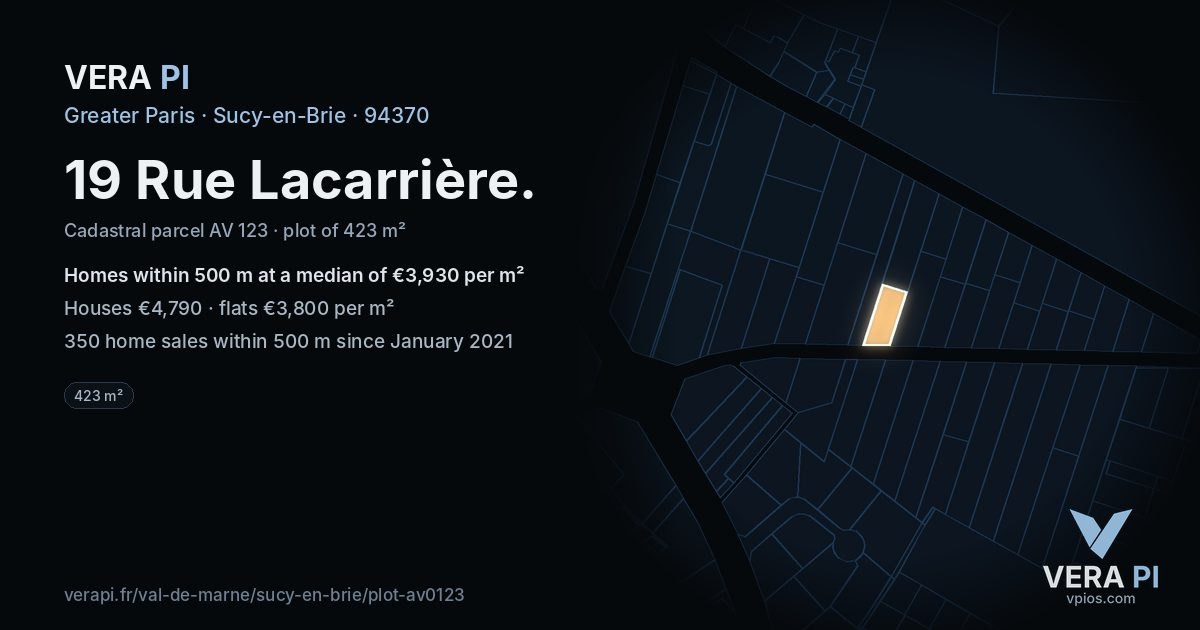 19 Rue Lacarrière, Sucy-en-Brie at night – the plot lit, the parcels around coloured by the prices near them