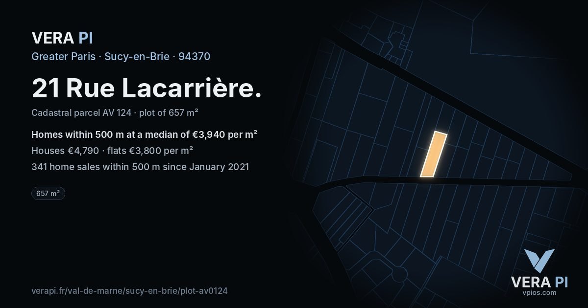 21 Rue Lacarrière, Sucy-en-Brie at night – the plot lit, the parcels around coloured by the prices near them