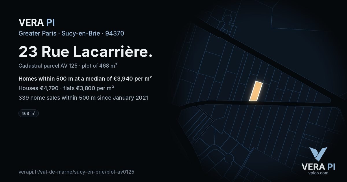 23 Rue Lacarrière, Sucy-en-Brie at night – the plot lit, the parcels around coloured by the prices near them