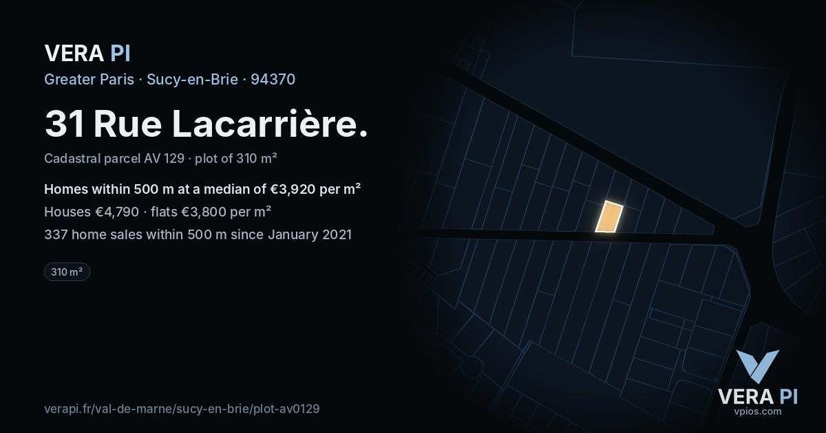 31 Rue Lacarrière, Sucy-en-Brie at night – the plot lit, the parcels around coloured by the prices near them