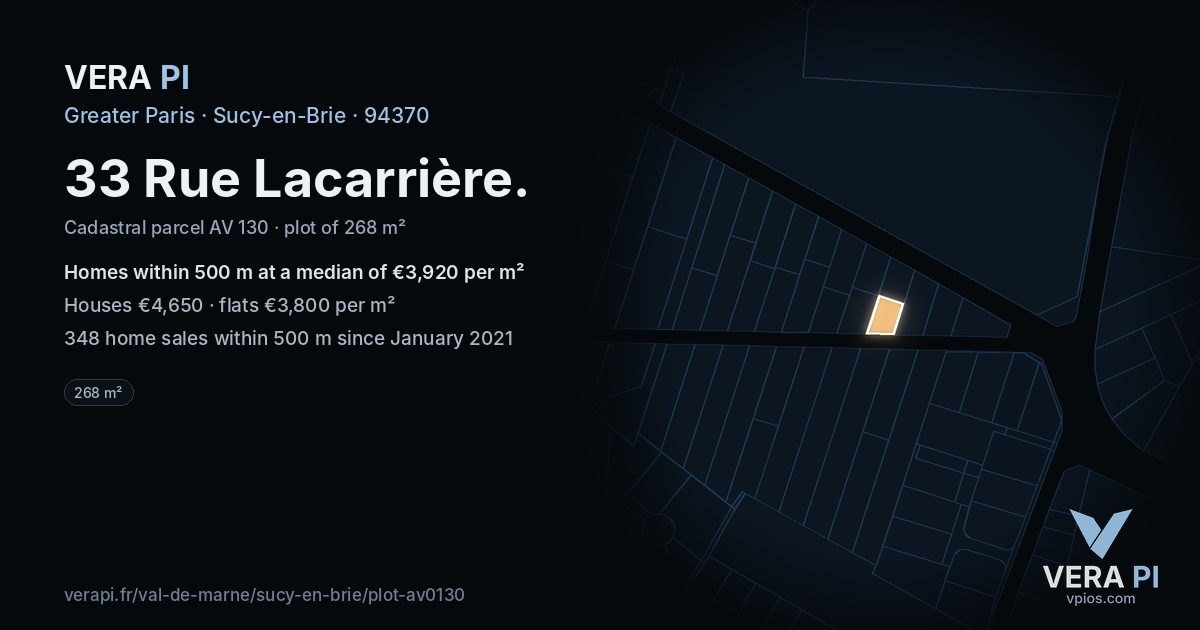 33 Rue Lacarrière, Sucy-en-Brie at night – the plot lit, the parcels around coloured by the prices near them