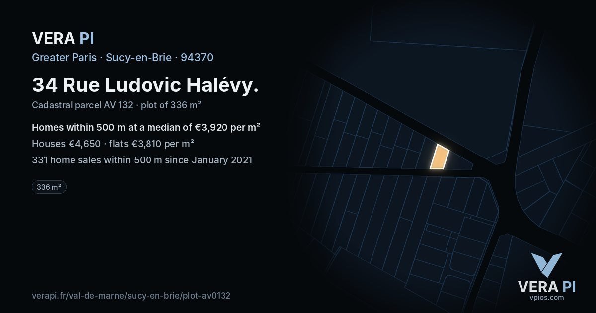 34 Rue Ludovic Halévy, Sucy-en-Brie at night – the plot lit, the parcels around coloured by the prices near them