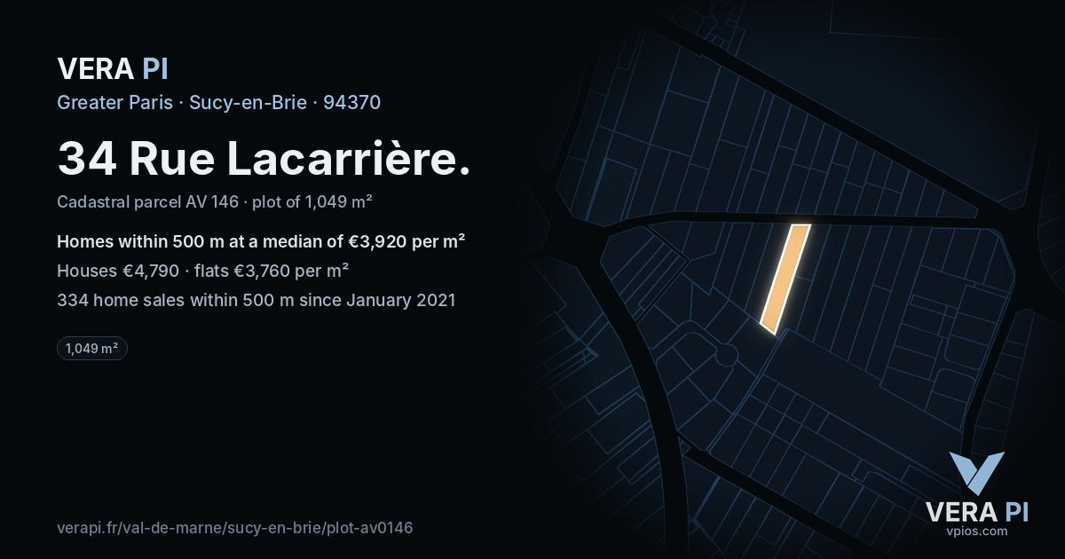 34 Rue Lacarrière, Sucy-en-Brie at night – the plot lit, the parcels around coloured by the prices near them