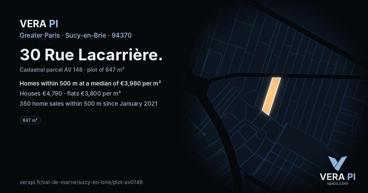 30 Rue Lacarrière, Sucy-en-Brie at night – the plot lit, the parcels around coloured by the prices near them