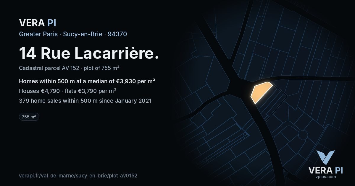 14 Rue Lacarrière, Sucy-en-Brie at night – the plot lit, the parcels around coloured by the prices near them