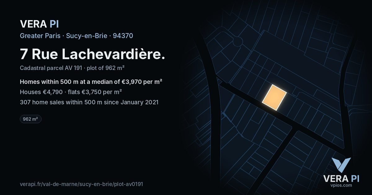 7 Rue Lachevardière, Sucy-en-Brie at night – the plot lit, the parcels around coloured by the prices near them