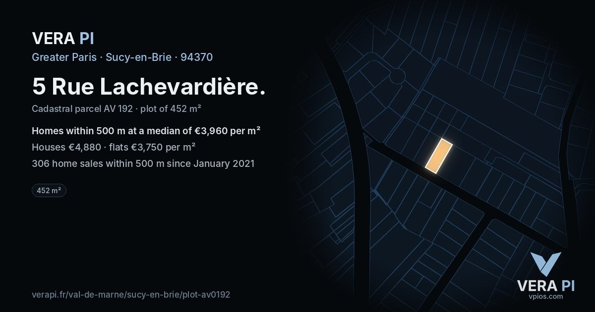 5 Rue Lachevardière, Sucy-en-Brie at night – the plot lit, the parcels around coloured by the prices near them