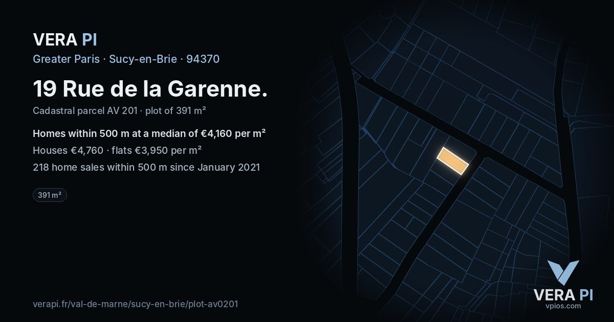 19 Rue de la Garenne, Sucy-en-Brie at night – the plot lit, the parcels around coloured by the prices near them