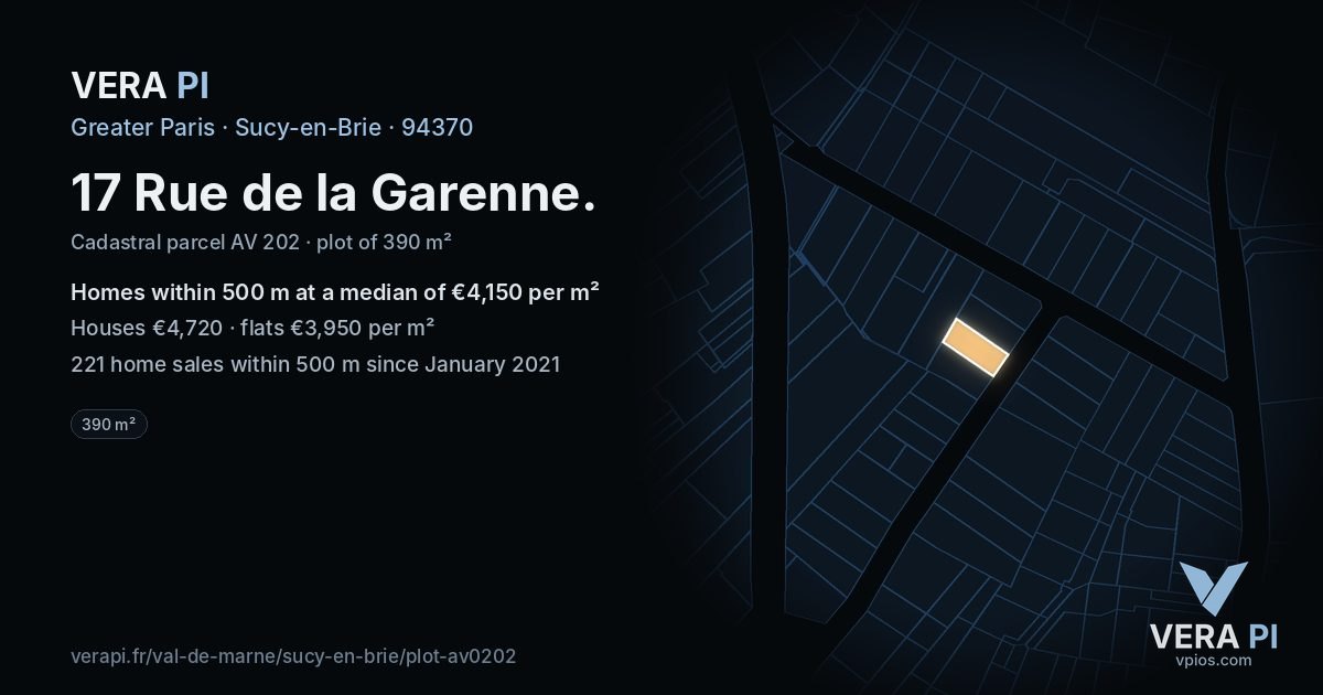 17 Rue de la Garenne, Sucy-en-Brie at night – the plot lit, the parcels around coloured by the prices near them