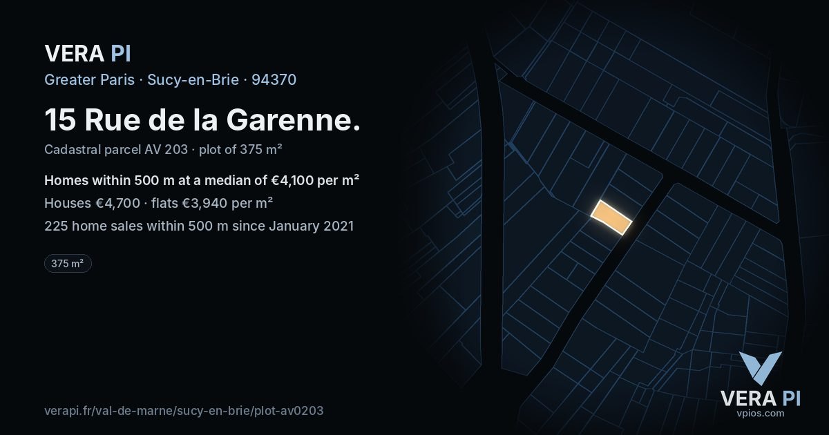 15 Rue de la Garenne, Sucy-en-Brie at night – the plot lit, the parcels around coloured by the prices near them