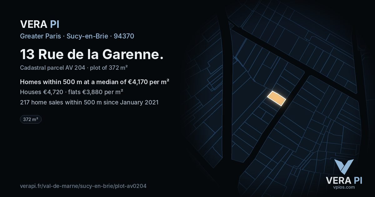 13 Rue de la Garenne, Sucy-en-Brie at night – the plot lit, the parcels around coloured by the prices near them
