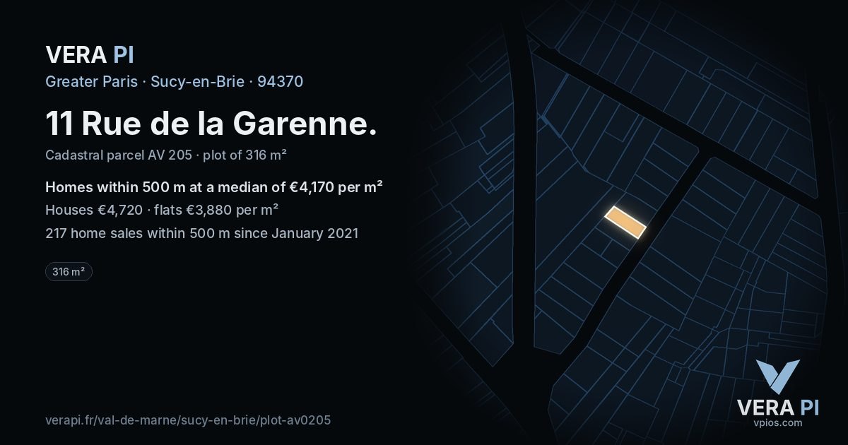 11 Rue de la Garenne, Sucy-en-Brie at night – the plot lit, the parcels around coloured by the prices near them