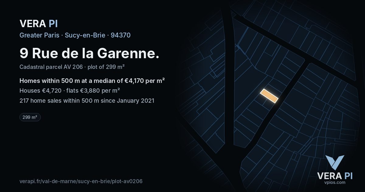 9 Rue de la Garenne, Sucy-en-Brie at night – the plot lit, the parcels around coloured by the prices near them