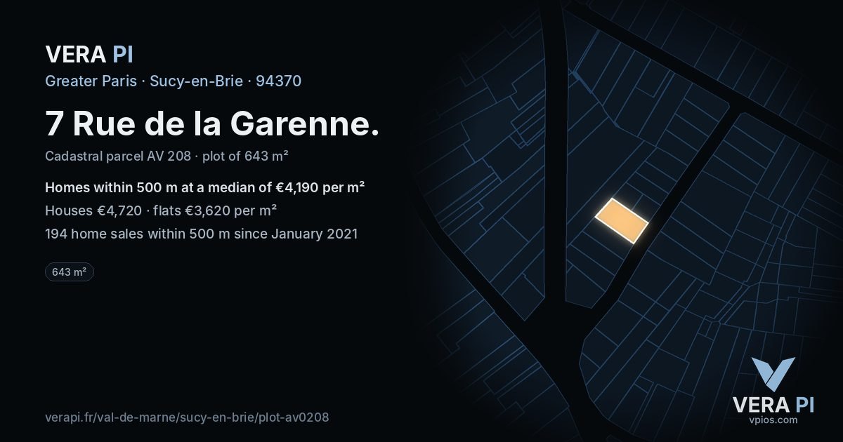 7 Rue de la Garenne, Sucy-en-Brie at night – the plot lit, the parcels around coloured by the prices near them