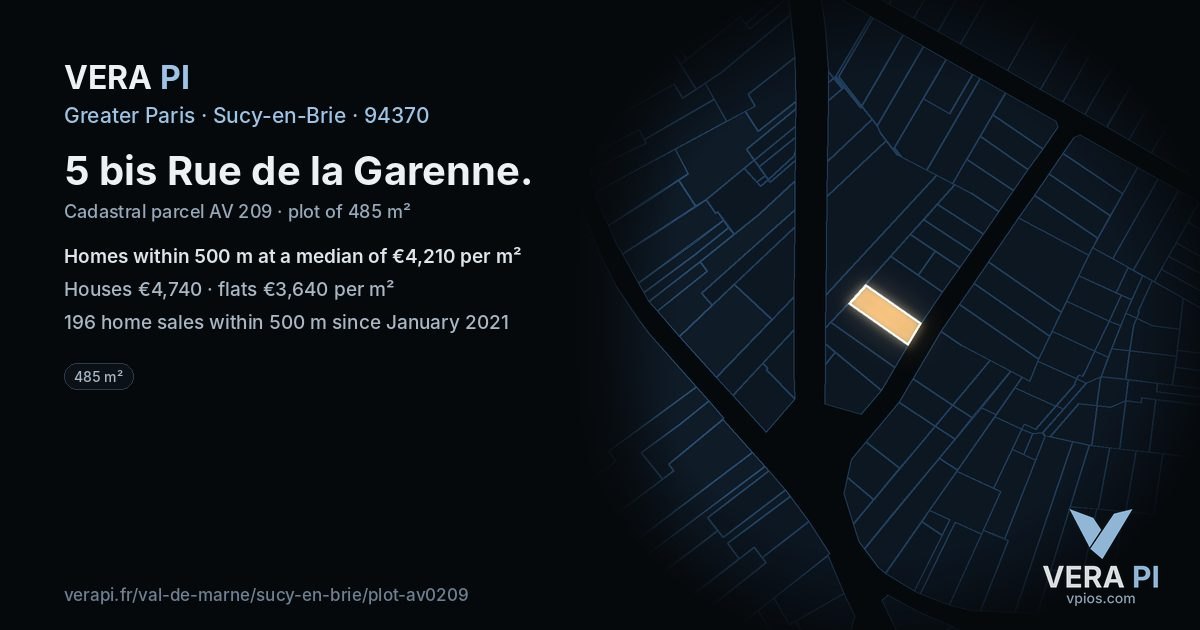 5 bis Rue de la Garenne, Sucy-en-Brie at night – the plot lit, the parcels around coloured by the prices near them