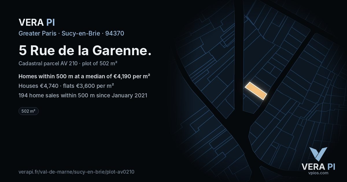5 Rue de la Garenne, Sucy-en-Brie at night – the plot lit, the parcels around coloured by the prices near them