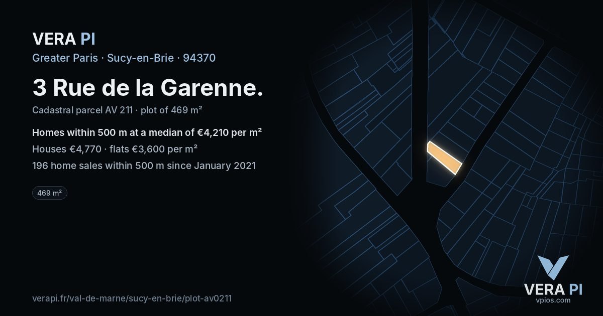 3 Rue de la Garenne, Sucy-en-Brie at night – the plot lit, the parcels around coloured by the prices near them