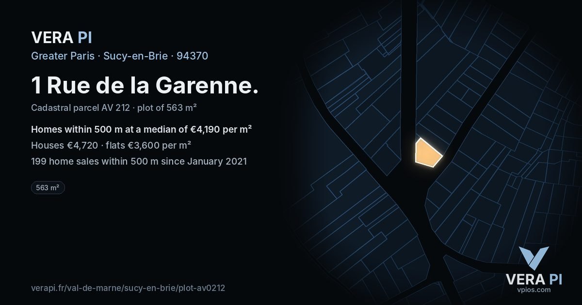 1 Rue de la Garenne, Sucy-en-Brie at night – the plot lit, the parcels around coloured by the prices near them