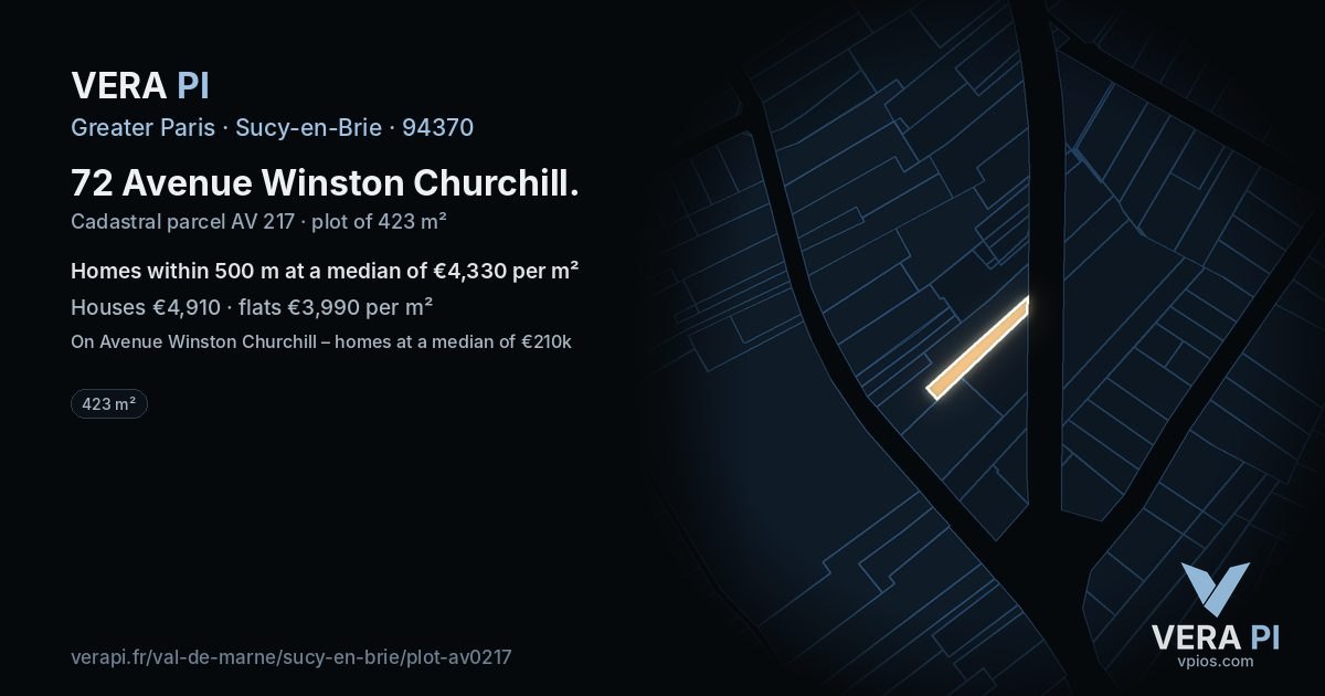72 Avenue Winston Churchill, Sucy-en-Brie at night – the plot lit, the parcels around coloured by the prices near them