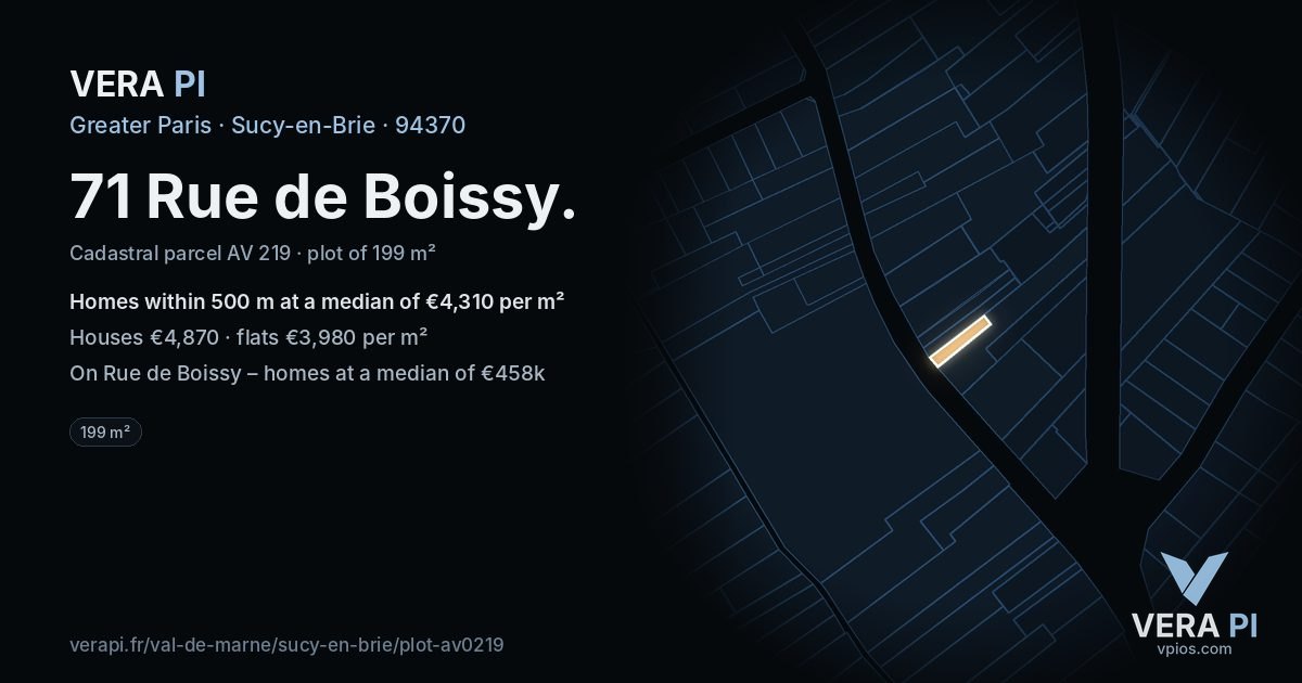 71 Rue de Boissy, Sucy-en-Brie at night – the plot lit, the parcels around coloured by the prices near them