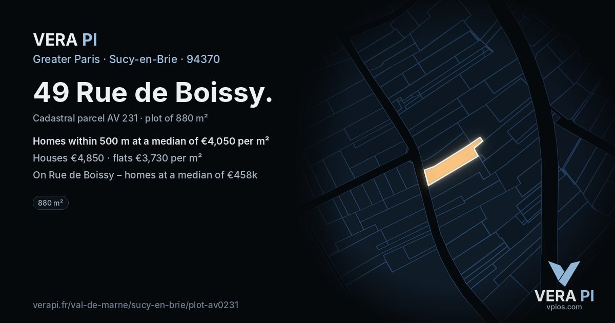 49 Rue de Boissy, Sucy-en-Brie at night – the plot lit, the parcels around coloured by the prices near them