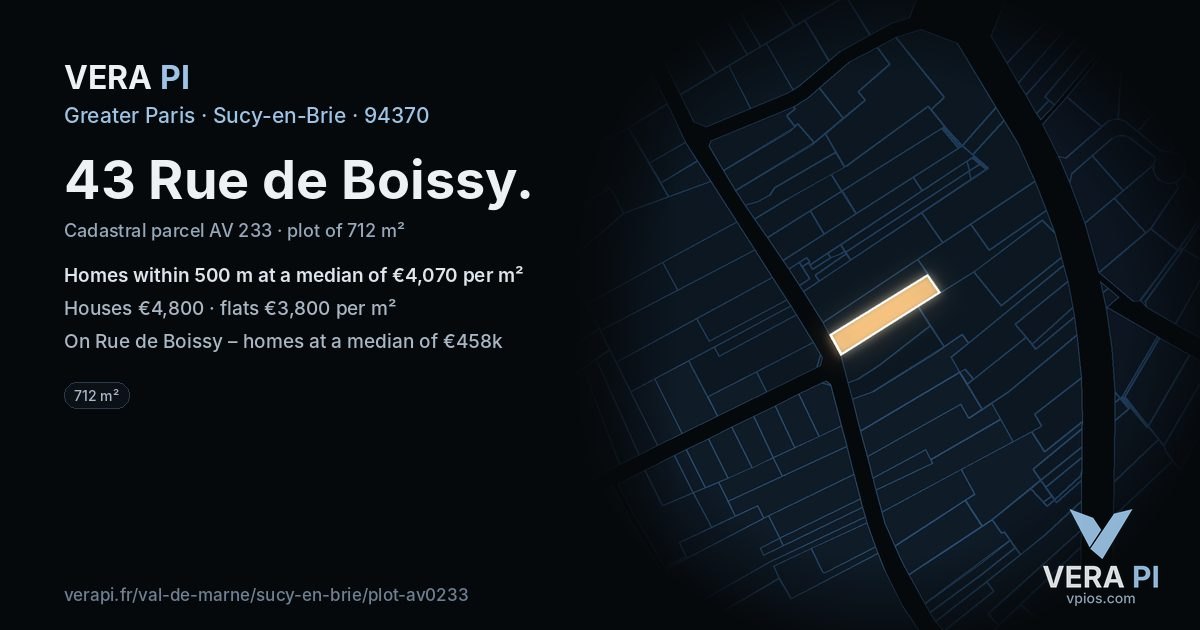 43 Rue de Boissy, Sucy-en-Brie at night – the plot lit, the parcels around coloured by the prices near them
